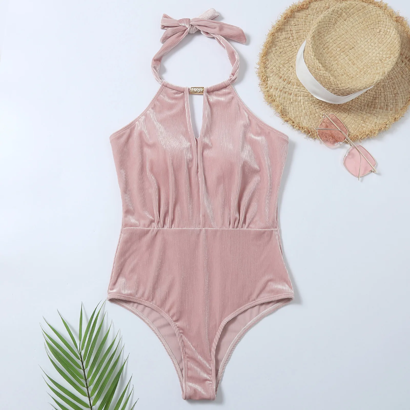 Розовый бархатный Цельный купальник женский сексуальный Монокини с вырезами и