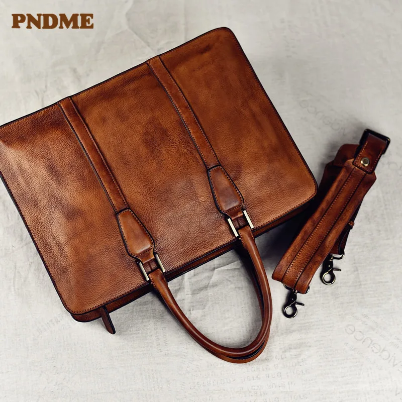 PNDME vintage high quality genuine leather men's briefcase business laptop handbag luxury cowhide office shoulder messenger bags