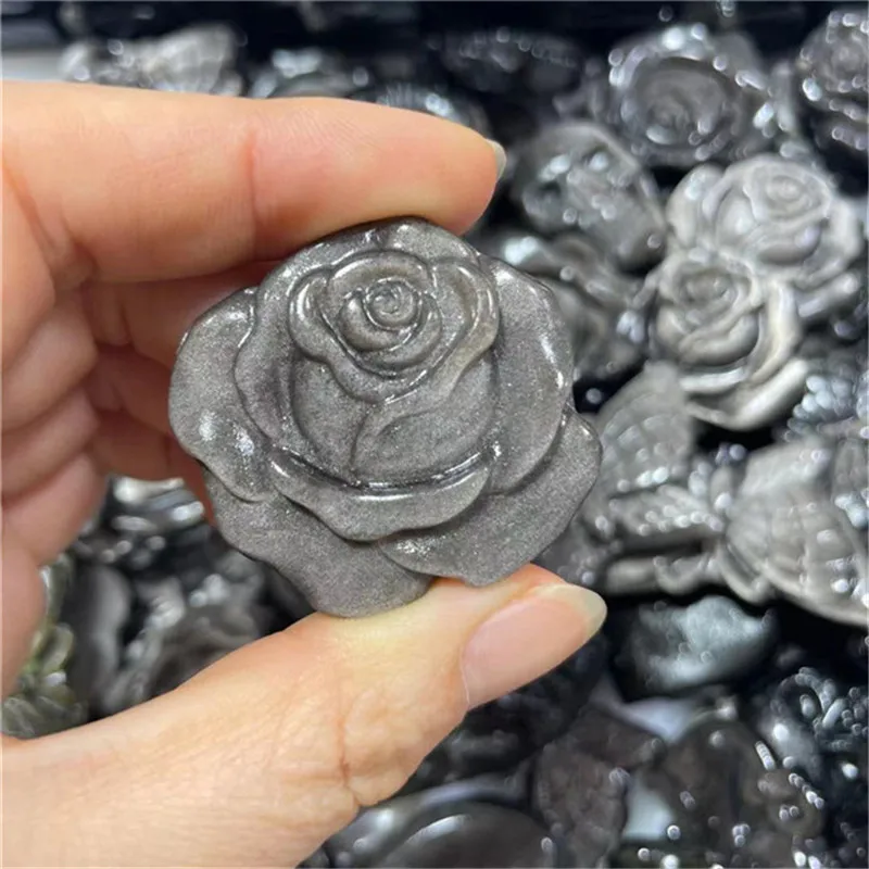

Natural Stone Carved Craft Healing Crystals Ornament Gift Silver Obsidian Crystal Rose Flower For Home Decoration