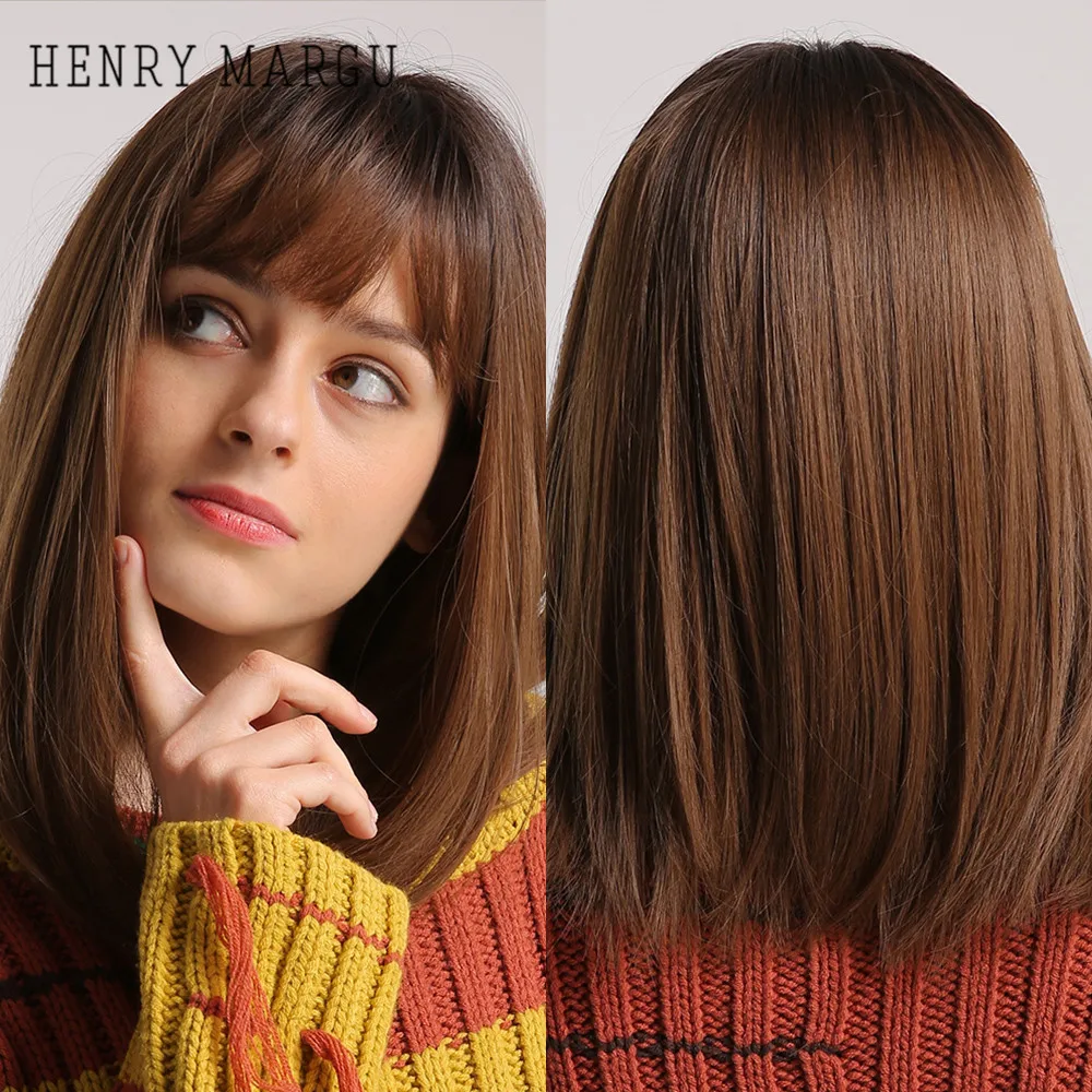

HENRY MARGU Ombre Brown Blonde Short Straight Lolita Bobo Wigs with Bangs Synthetic Hair Wigs for Women Cosplay Heat Resistant