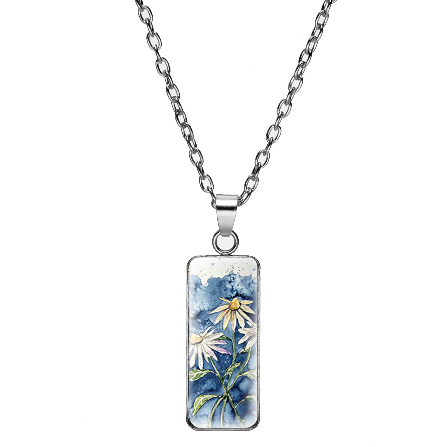 Classic Daisy Flower Oil Painting Art Necklace Vintage Painted Design Glass Cabochon Pendant Long For Women Girl Gifts |