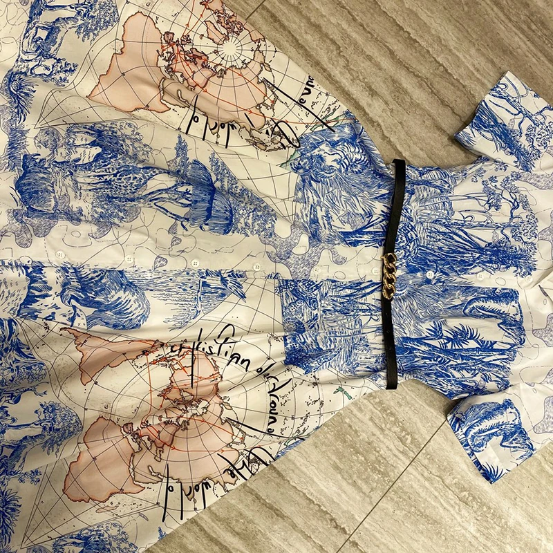 

2021 Women Fashion Quality Brand Summer Dress Designer 100% Cotton Turn Down Collar Short Sleeve Printed Shirt Dresses Vestidos