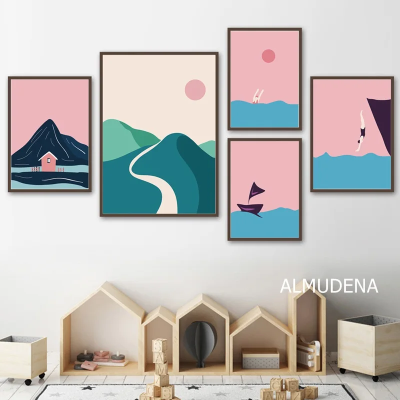 Мультяшные постеры и принты в скандинавском стиле с морской горной девушкой для