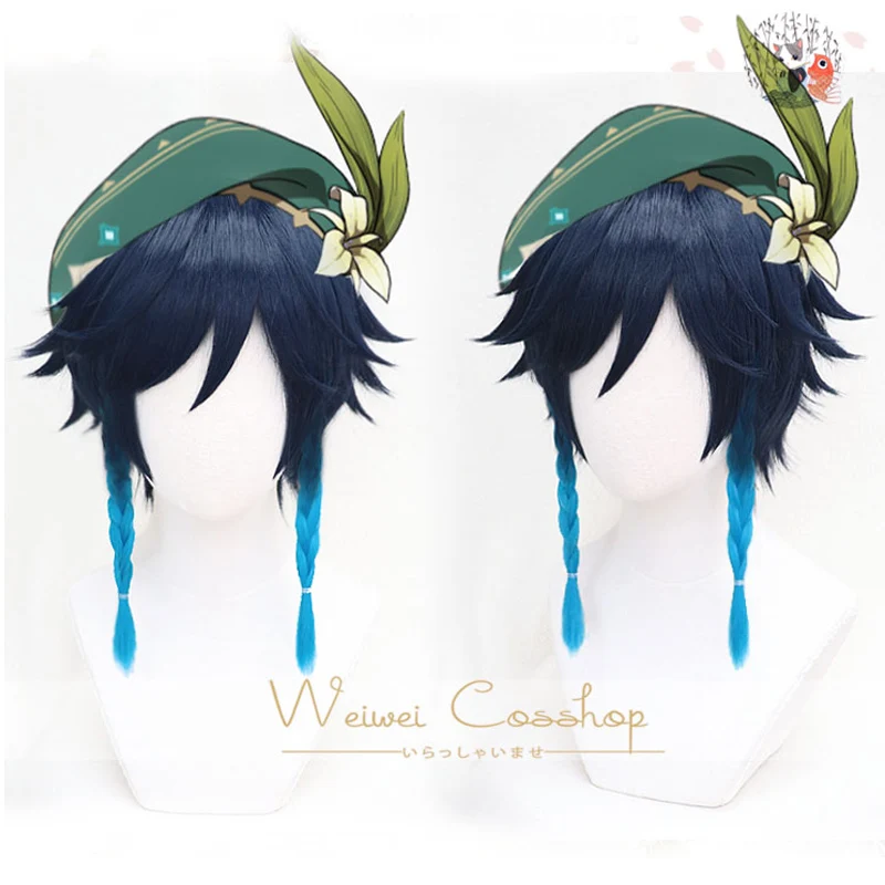 Genshin Impact Venti Cosplay Unisex 50cm Blue Wig Cosplay Anime Cosplay Braid Wigs Heat Resistant Synthetic Wigs Halloween