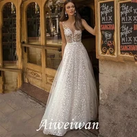 a line v neck modern vintage lace wedding dress sheer back bow bridal dresses formal dress for women robe de mariage 2021