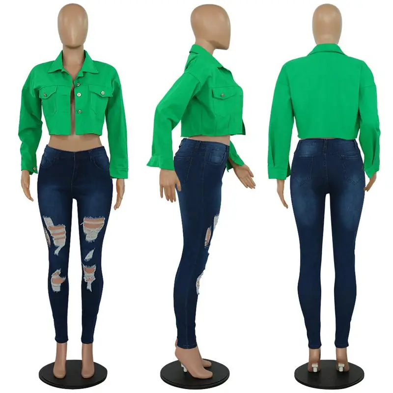 

HAOYUAN Crop Denim Jacket Women Fall Clothes Plus Size Bomber Coat Top Harajuku Ladies Outerwear Long Sleeve Cropped Jean Jacket