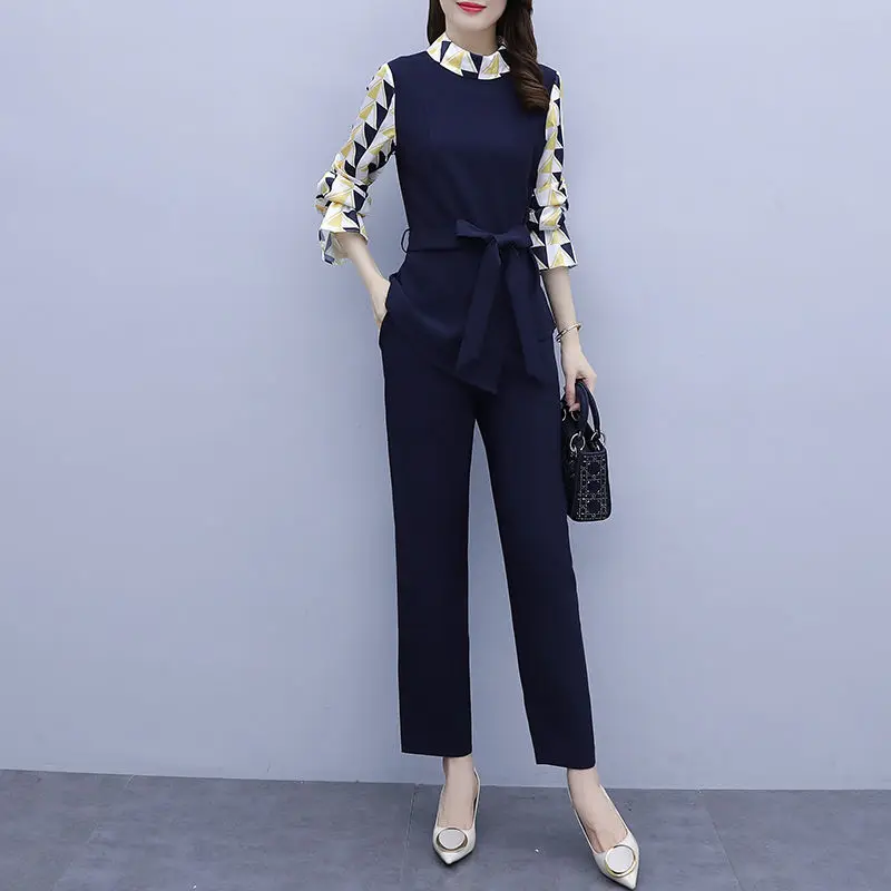

2021 Spring Autumn 2 Piece Set Women Suit Casual Long Sleeve Sashes Shirt Tops and Pants New Fashion Office Lady Outfit D106