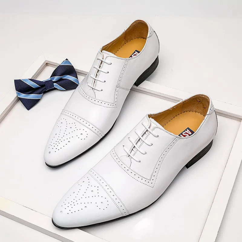 

Designer Mens White Formal Shoes Pointed Toe Fashion Business Leisure Genuine Leather Dress Wedding Groom Male Zapatos ERRFC