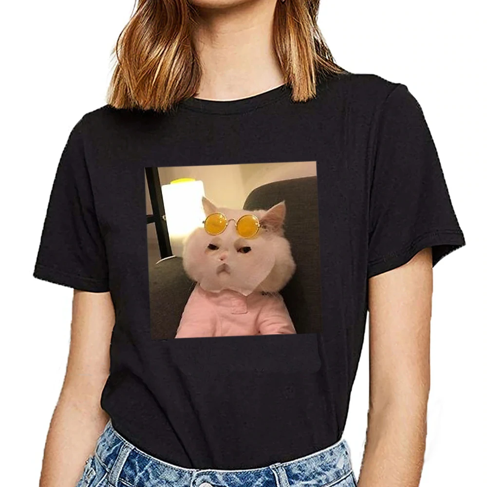 

Women's T shirt Cat Graphic 3D Print Round Neck Tops Cotton Basic Basic Top White Black EU SIZE