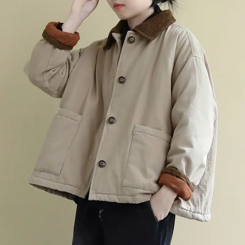 Aransue Short Cotton Padded Winter Clothes Women Autumn Vintage Coat Big Pocket Loose Casual Jacket 3 Colors