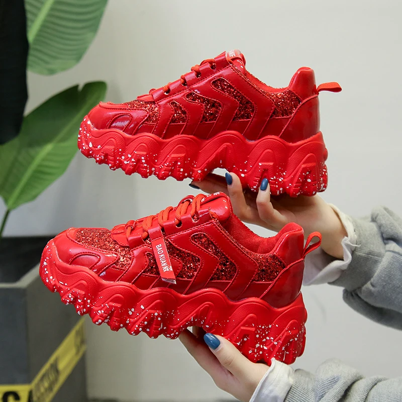 2020 Moipheng Chunky Sneakers Wedges Shoes for Women Bling Red Womens Spring/Autumn Platform Sapatos De Mujer | Обувь