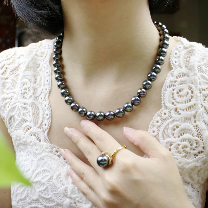 ?? デザイナージュエリーゴージャスな 9-10 ミリメートルナチュラル Real タヒチ緑の真珠のネックレス 17 インチ送料無料