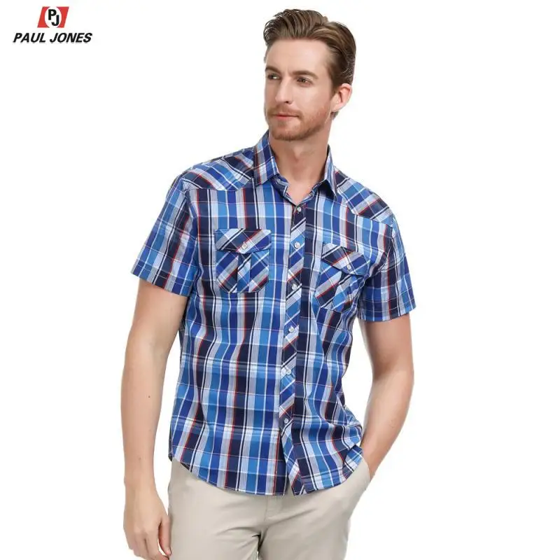 Мужская хлопковая рубашка с коротким рукавом PAUL JONES Повседневная в клетку