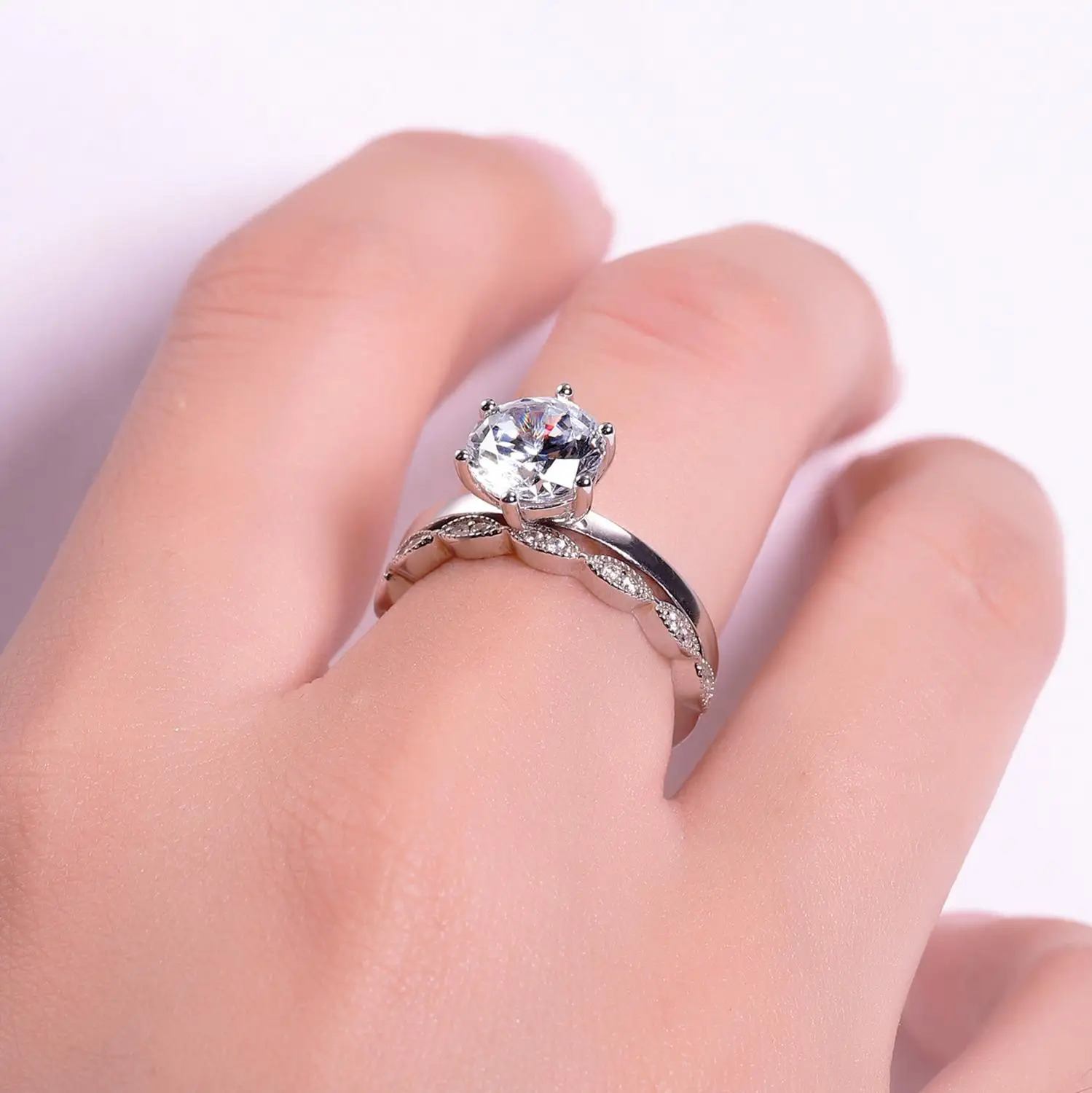 Gems балет 2.0Ct 8 мм EF Цвет 925 пробы Silve 6 Prong Moissanite кольцо Арт Деко штабелирование