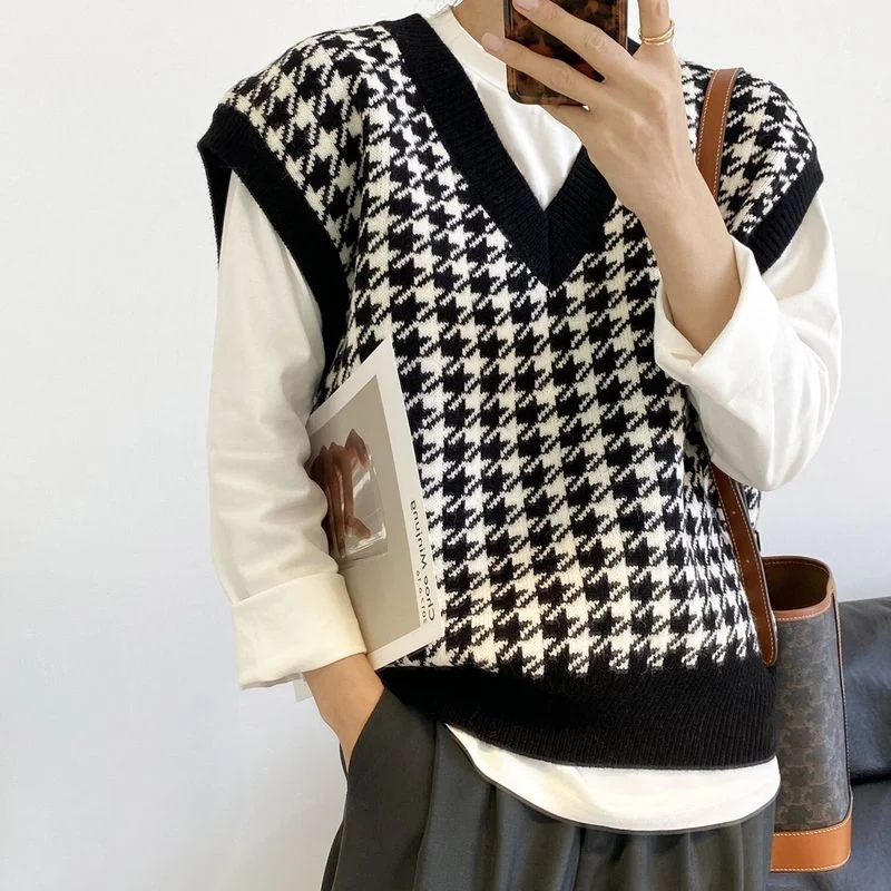 

Namou Drane Autumn 2021 Korean Version of Loose Sweater Vest Vest Women Contrast Color V-neck Sleeveless Sweater Waistcoat