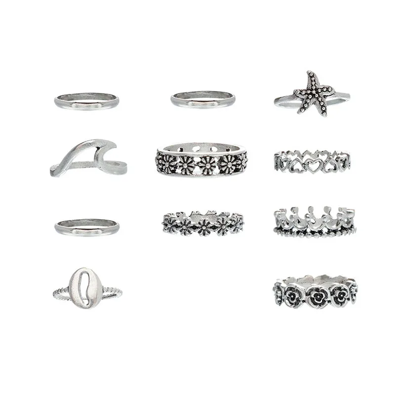 11 шт./компл. Женская мода кольцо в богемном стиле ретро волны сердца цветы