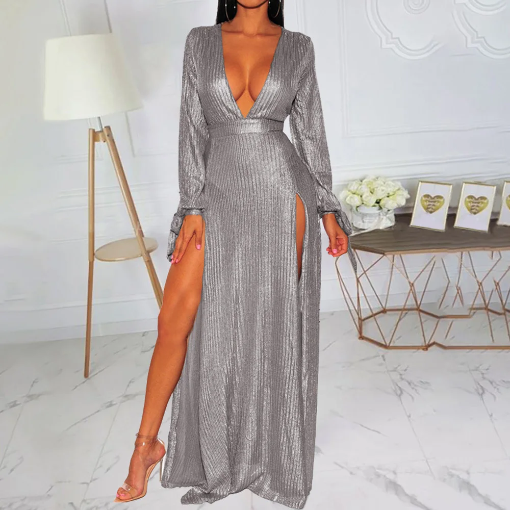 Длинные рукава глубокий v образный вырез Сексуальные вечерние платья Женская