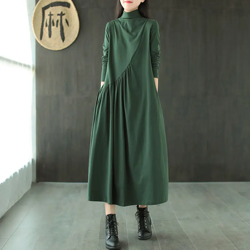 

Vintage Long Dress Cotton Shirt Dress Women Plus size Clothing Turtleneck Loose Ladies Dresses Casual 2021