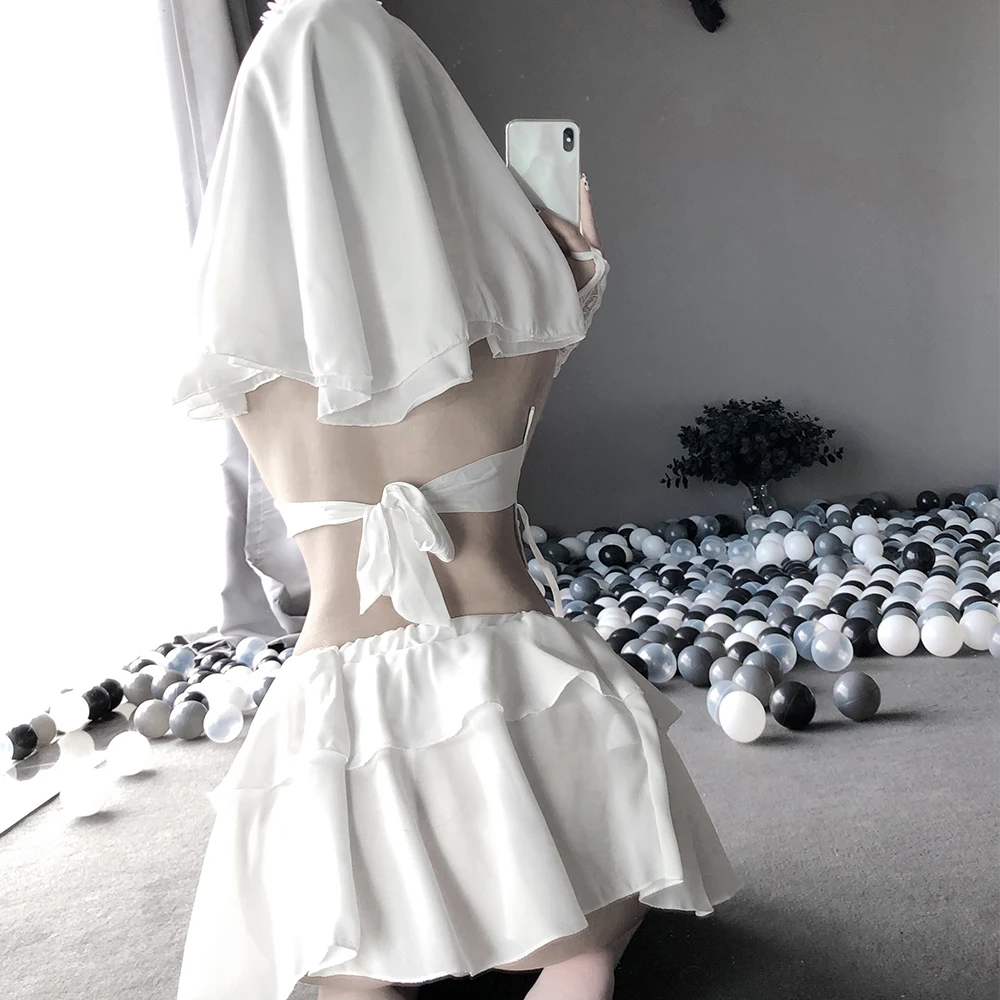 

Lace Sexy Cosplay Costume Hollow Out Role Play Bride Costumes Hot Women Bow Wedding Dress Kawaii Miniskirt