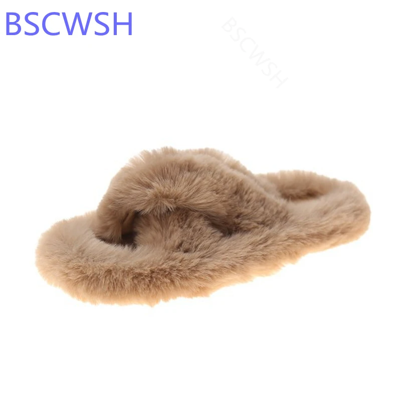 

Зимние меховые тапочки для женщин, модные теплые плюшевые дамские пушистые тапочки с перекрестными ремешками, уютная Закрытая пушистая обувь с открытым носком для девочек