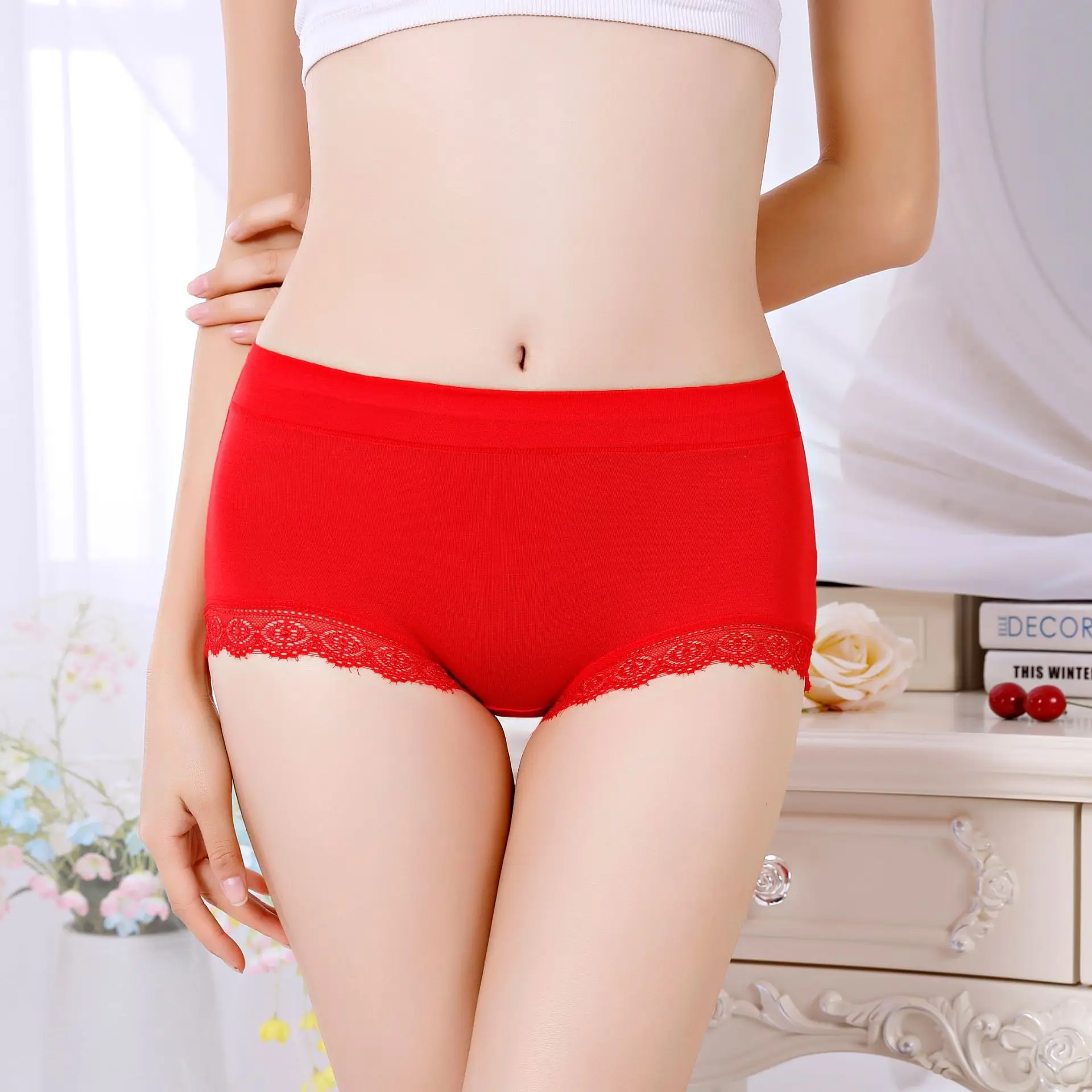

Moder Mid-waist Girls Soft Stretch Lace Trim Briefs Girls Panties Shorts Period Panties Leakproof Underwear Women Plus Size