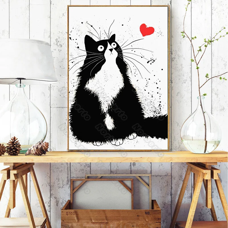

Modern Style Frameless Canvas Painting Wall Poster Cute Black and White Cat Picture Red Heart for Home Rooms Wall Decoration