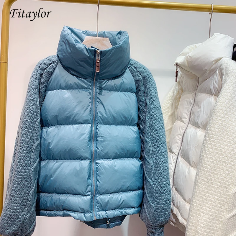 Fitaylor новинка женское вязаное пуховое пальто в стиле пэчворк зимняя куртка