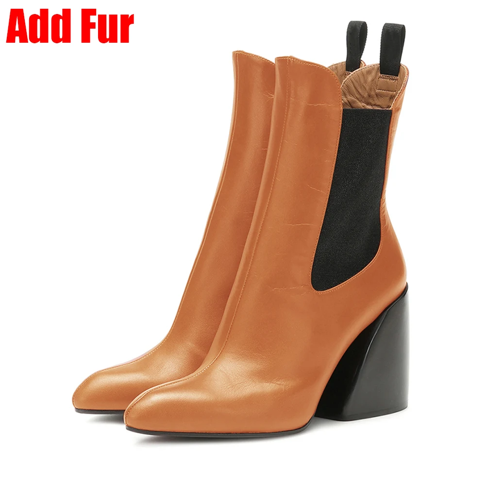 brown 1 add fur BONJOMARISA; Новинка; Размеры 33-43; Роскошные брендовые дизайнерские ботиночки; женские Качественные ботильоны из натуральной кожи; коллекция года; женская обувь на высоком каблуке - Цвет: brown 1 add fur