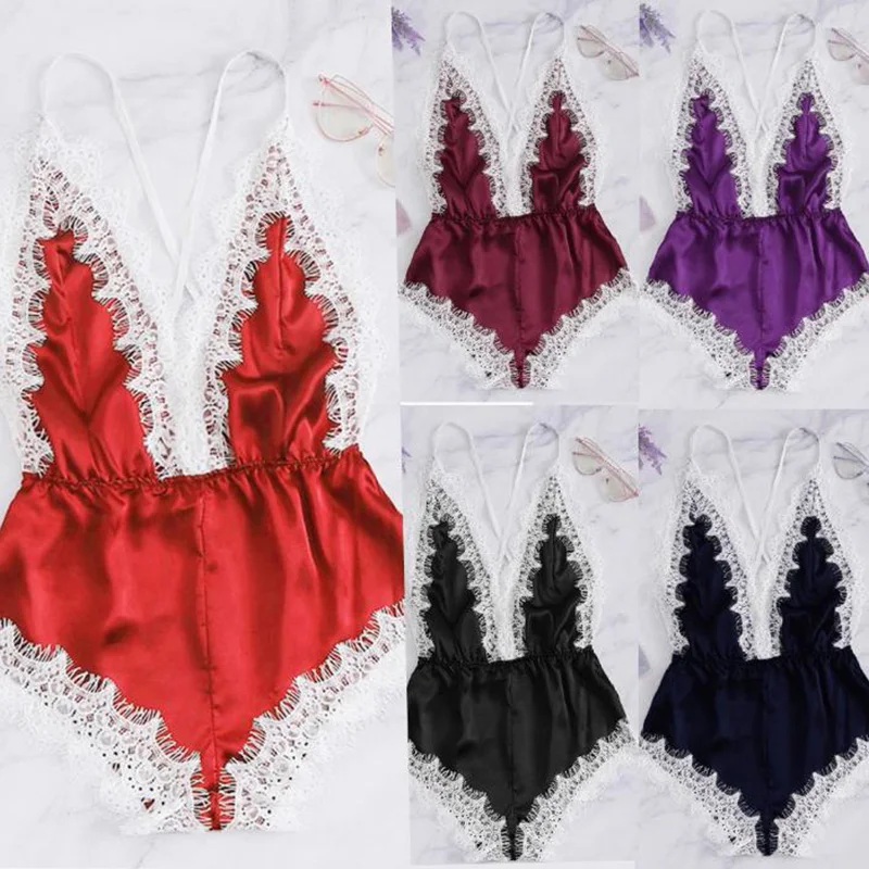 

Fashion Satin Sexy Lingerie Women Pajamas Satin Lace V-Neck Bodysuit Backless Jumpsuit Romper new