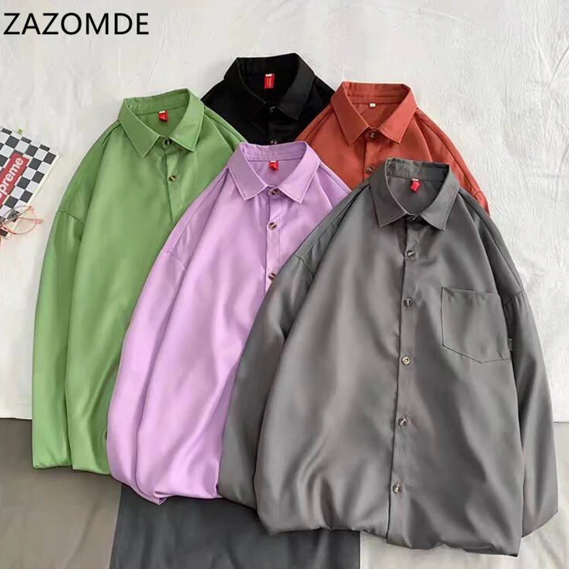 ZAZOMDE осенние рубашки для мужчин размера плюс однотонные Свободные повседневные