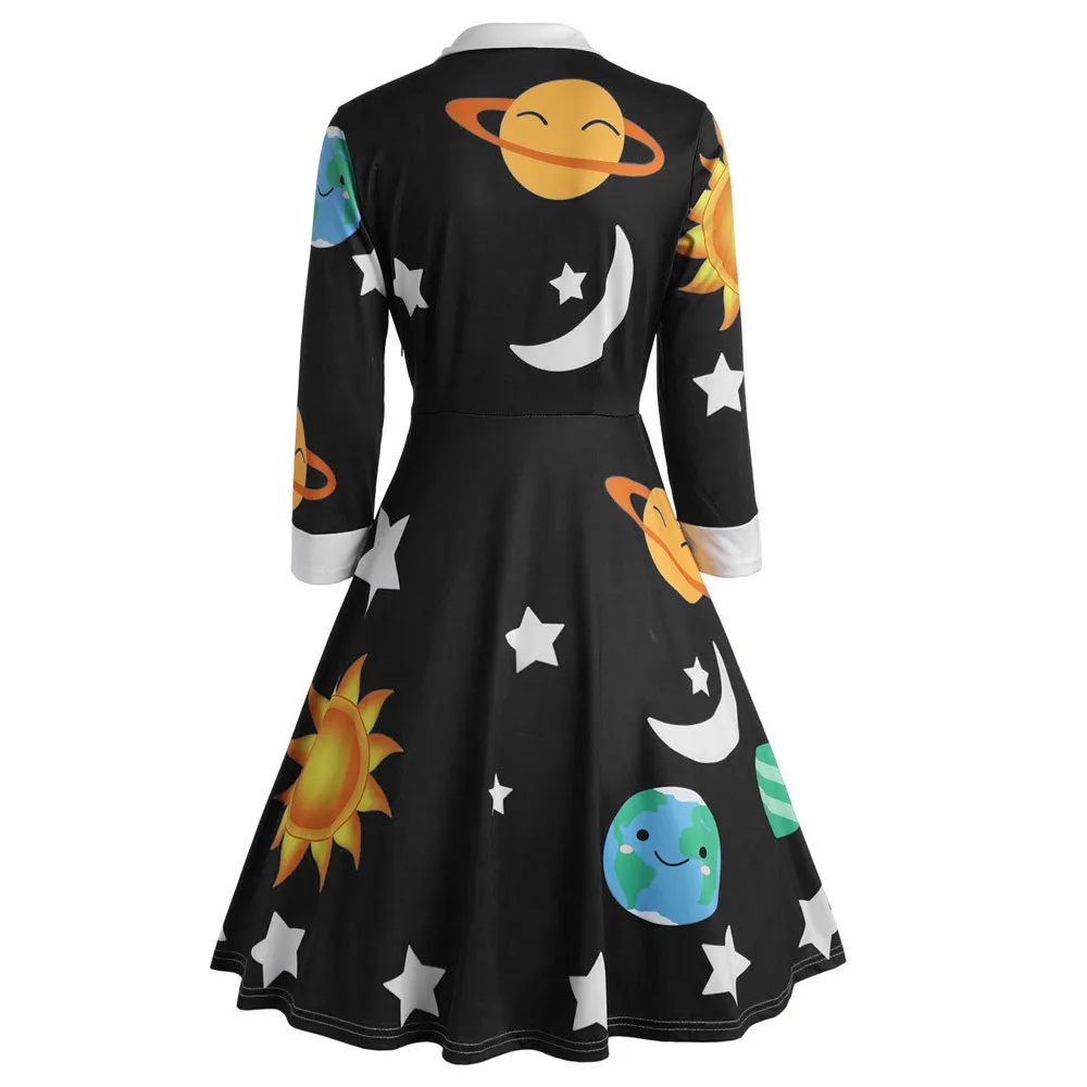 Элегантное ТРАПЕЦИЕВИДНОЕ женское винтажное черное платье с принтом Солнца и