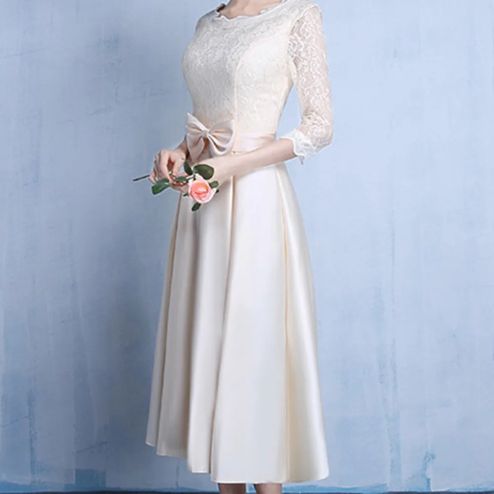 

BacklakeGirls Elegant Hollow Out Lace Back Zipper Blue Satin Party Dress A Line Long Stretch 3/4 Sleeve Round Neck Evening Dress