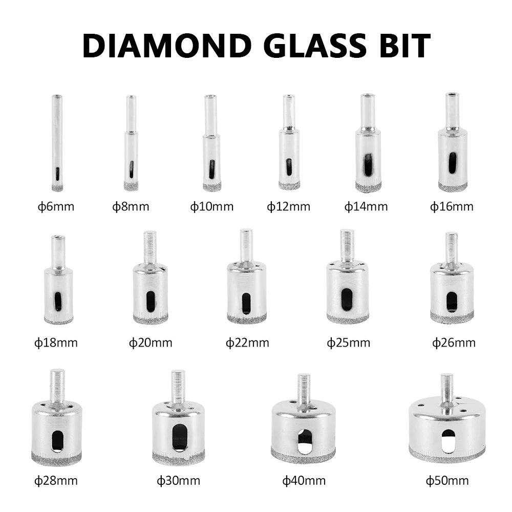 Набор сверл для алмазной пилы комплект из 15 насадок диаметром 6-50 мм резки стекла