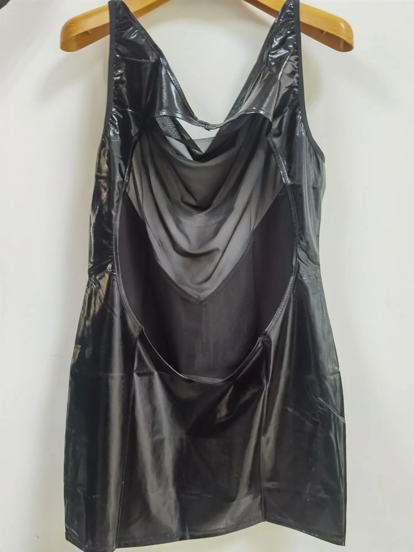 S-3XL Stretch Black PU Leather Dress Erotic Sexy Backless Transparent Mesh Bodycon Pole Dancing Club Wear | Женская одежда