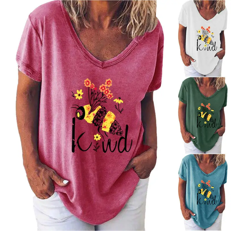 

Womens V-Neck Short Sleeves Bee Printed Loose Casual T-Shirts Summer Tops Tee UK