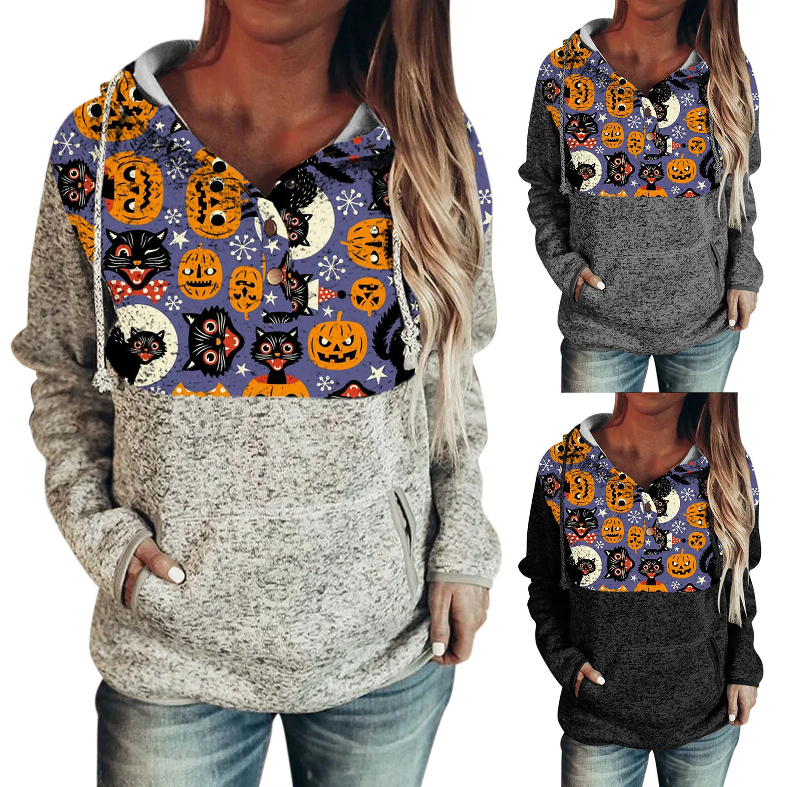

Patchwork Pumpkin Hooded Sweatshirt Women Halloween Print Long-sleeved Hooded Hoodies Casual Plus Velvet Pullover Hoodie 812#Q