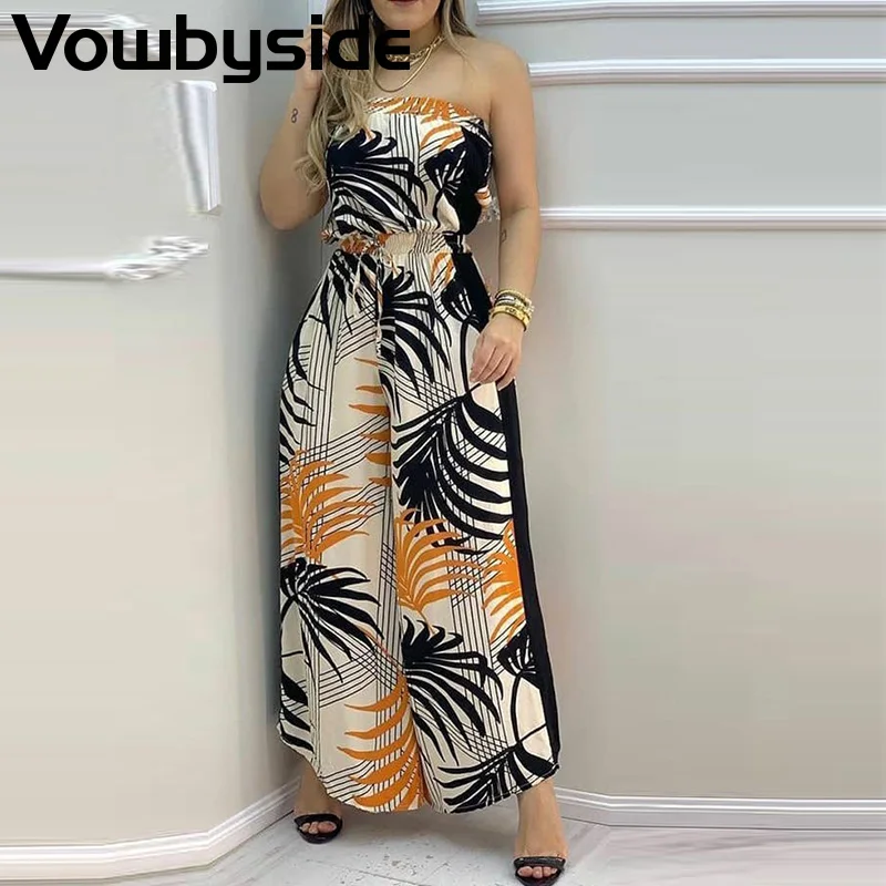 

Tropical Print Bandeau Sexy Strapless Wide Leg Summer Jumpsuits Women