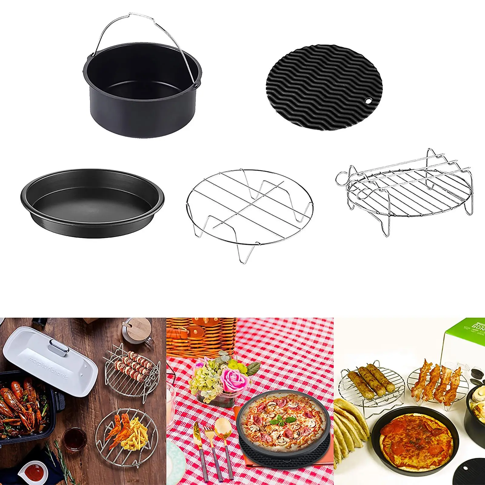 

Non-stick Air Fryer Basket Baking Drain Oil Pan Frying Accessories Kitchenware Dishwasher Safe 5-piece set