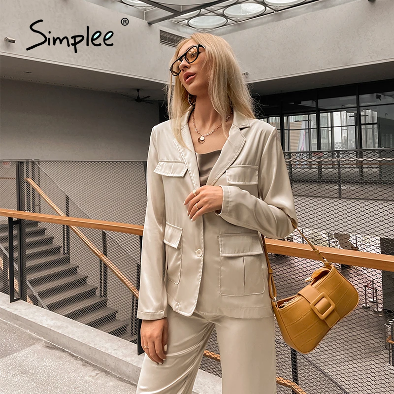 

Simplee Elegant office lady solid long sleeve blazer suit Elastic waist pant suits button Female high street pocket blazer suit