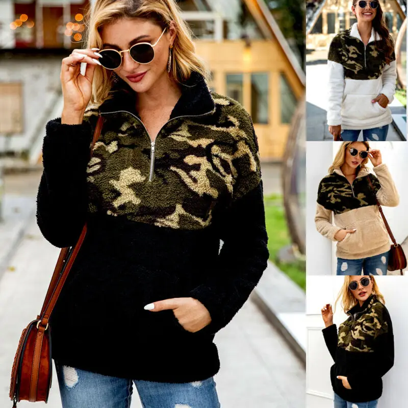 

Women Teddy Bear Zipper Turtleneck Sweater Fleece Pullover Jumper