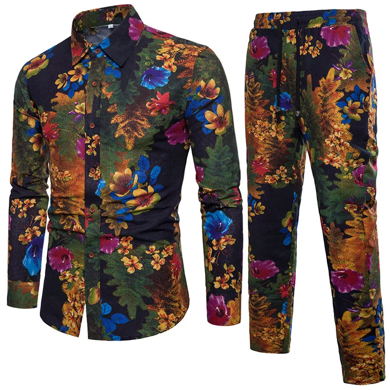 

Mens New Hawaiian Floral Printed Two Piece Set Suit Long Sleeve Shirts Sweatpants Conjunto Large Size 5XL Cotton Linen Male Suit