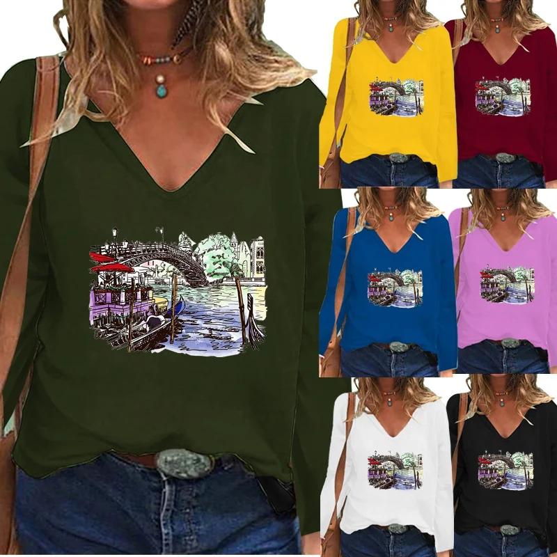 

Женская футболка с длинным рукавом, V-образным вырезом и принтом