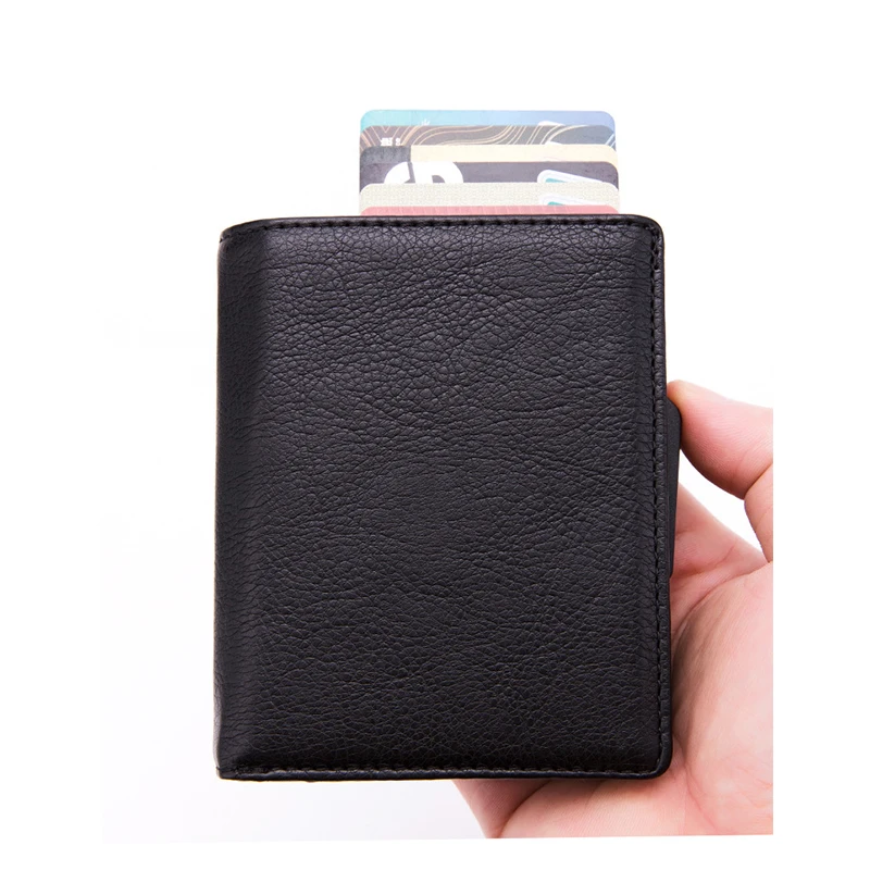 BYCOBECY из искусственной кожи RFID Модный чехол для карт алюминиевая коробка Высокое качество Многофункциональный визитница кошелек всплывающий держатель для карт