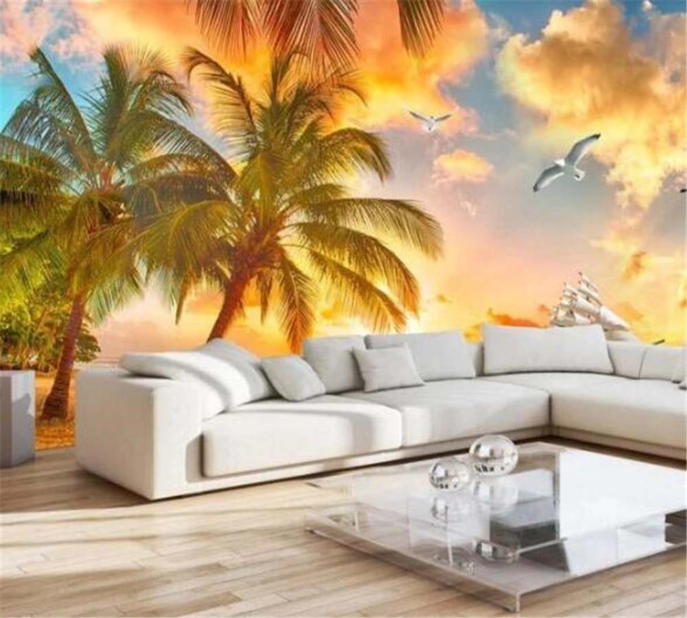 

beibehang Large custom 3d wallpaper seaside sunset coconut tree mural living room sofa bedroom TV wall home decoration painting