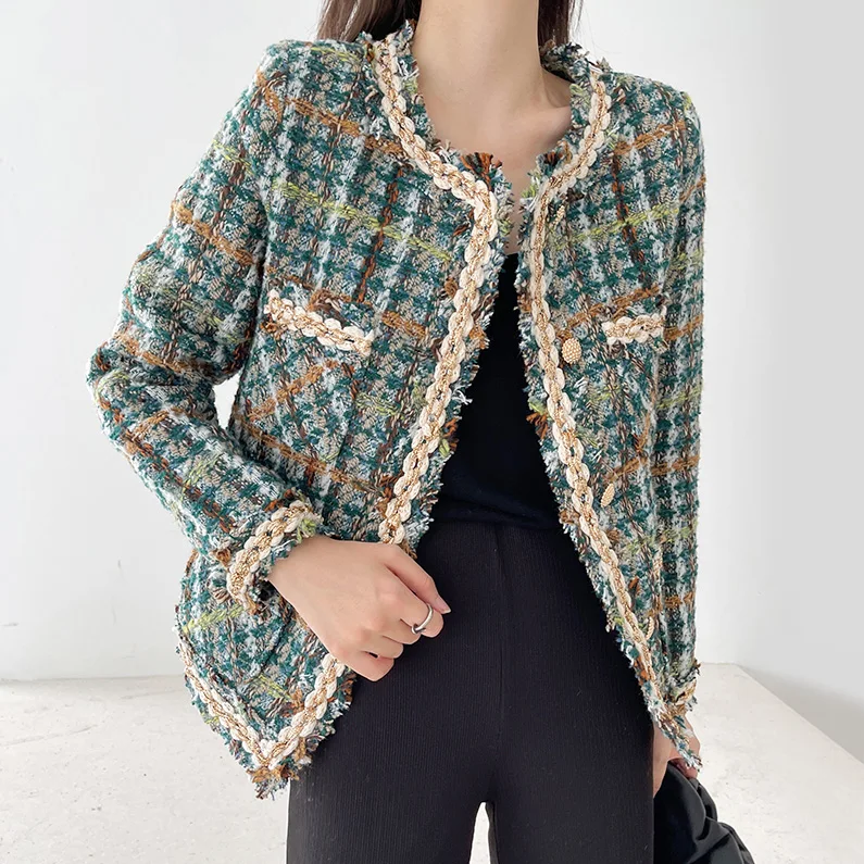 Женская короткая твидовая куртка 2022 Зима Весна Новый элегантный круглый