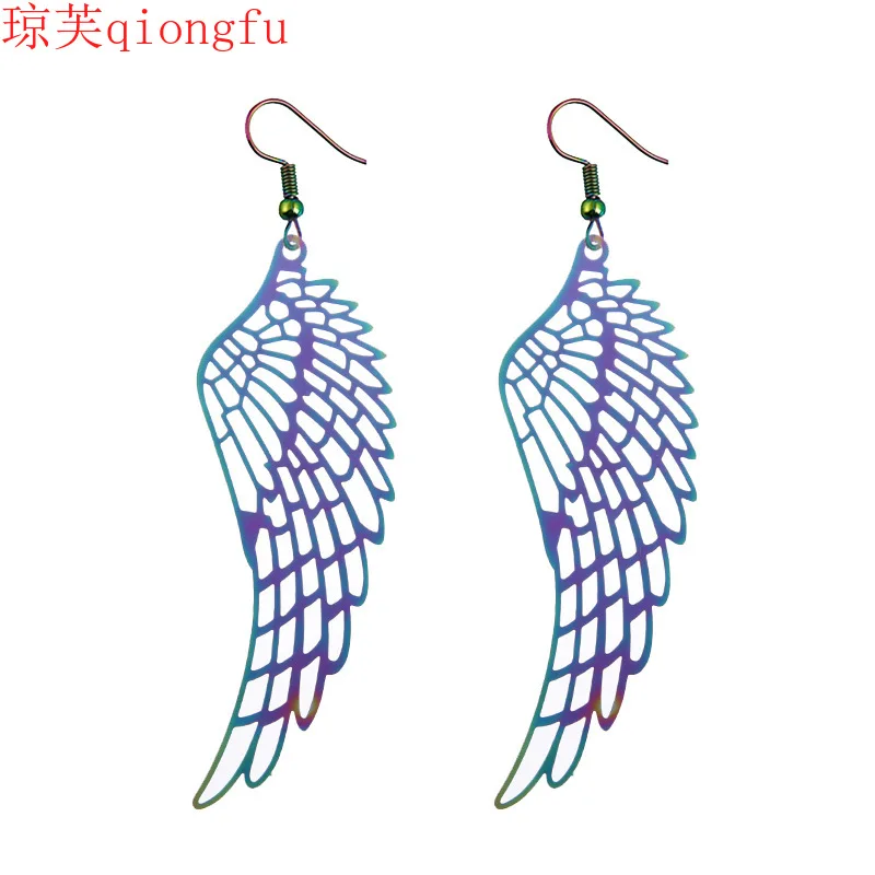 

European and American fashion stainless steel earrings simple and colorful hollow long wing earrings feather earrings jewelry