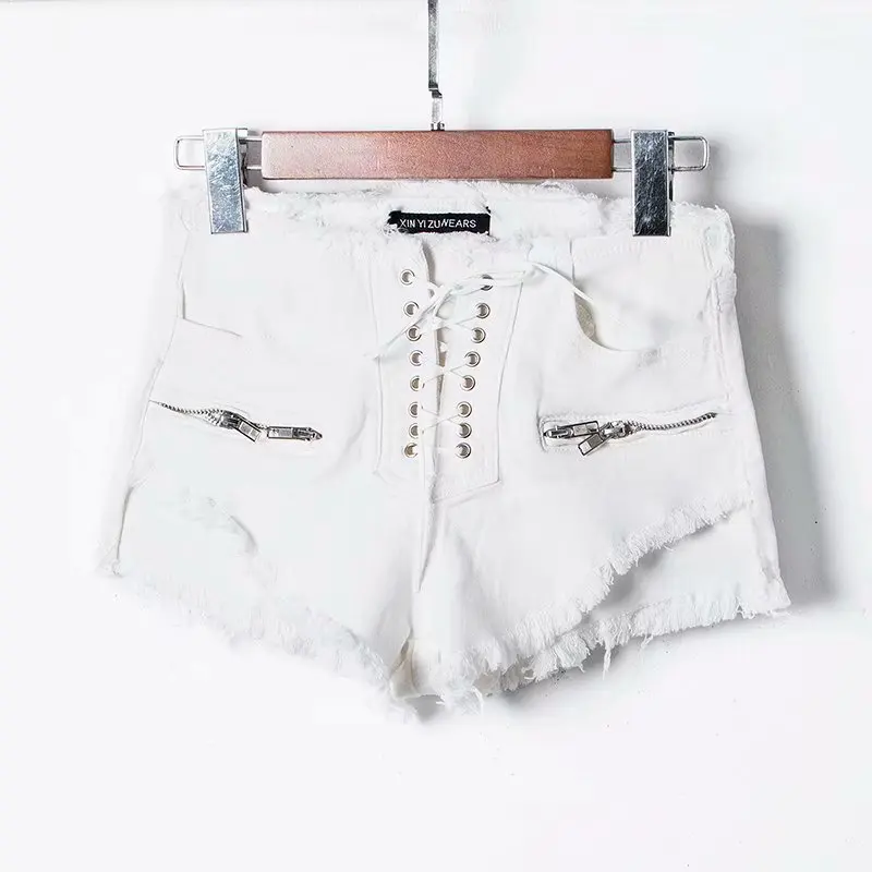 

Summer Women New Fashion Zipper Sexy Shorts High Waist Denim Shorts Female White Front Lace-Up Korean Washed Short Jeans Casual
