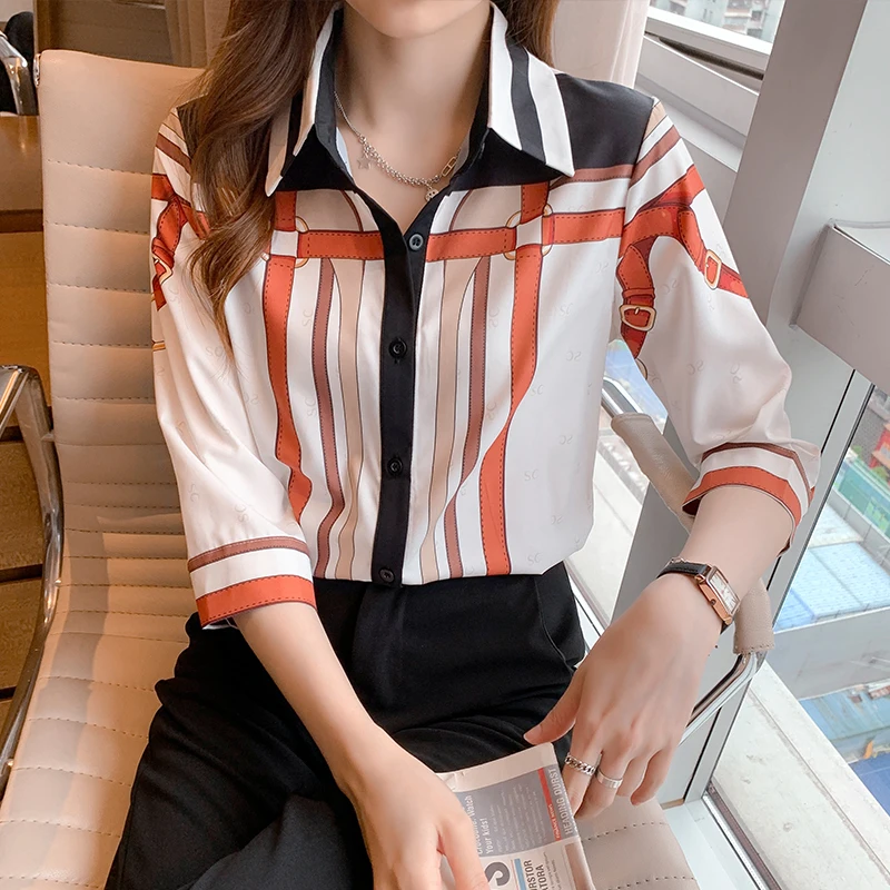 

Striped print autumn women shirt blouse half sleeves turn down neck contrast color office ladies work wear elegant tops 2021