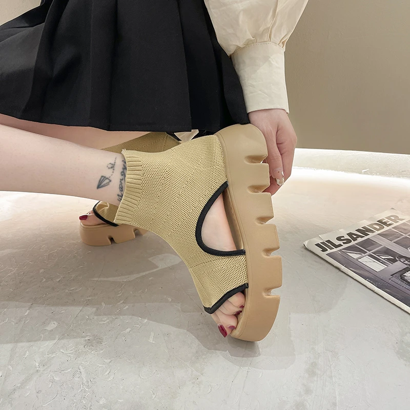 Thick-soled Fish Mouth Canvas Sandals Female 2022 Summer New Style Sponge Cake Breathable Fly Woven Mesh Hollow Roman Shoes