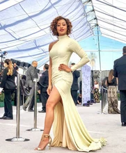 Senhoras elegantes manga longa alta pescoço um ombro vestido de celebridade sereia plissado estiramento fenda abendkleid robes de soirée (2)